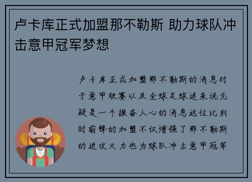 卢卡库正式加盟那不勒斯 助力球队冲击意甲冠军梦想